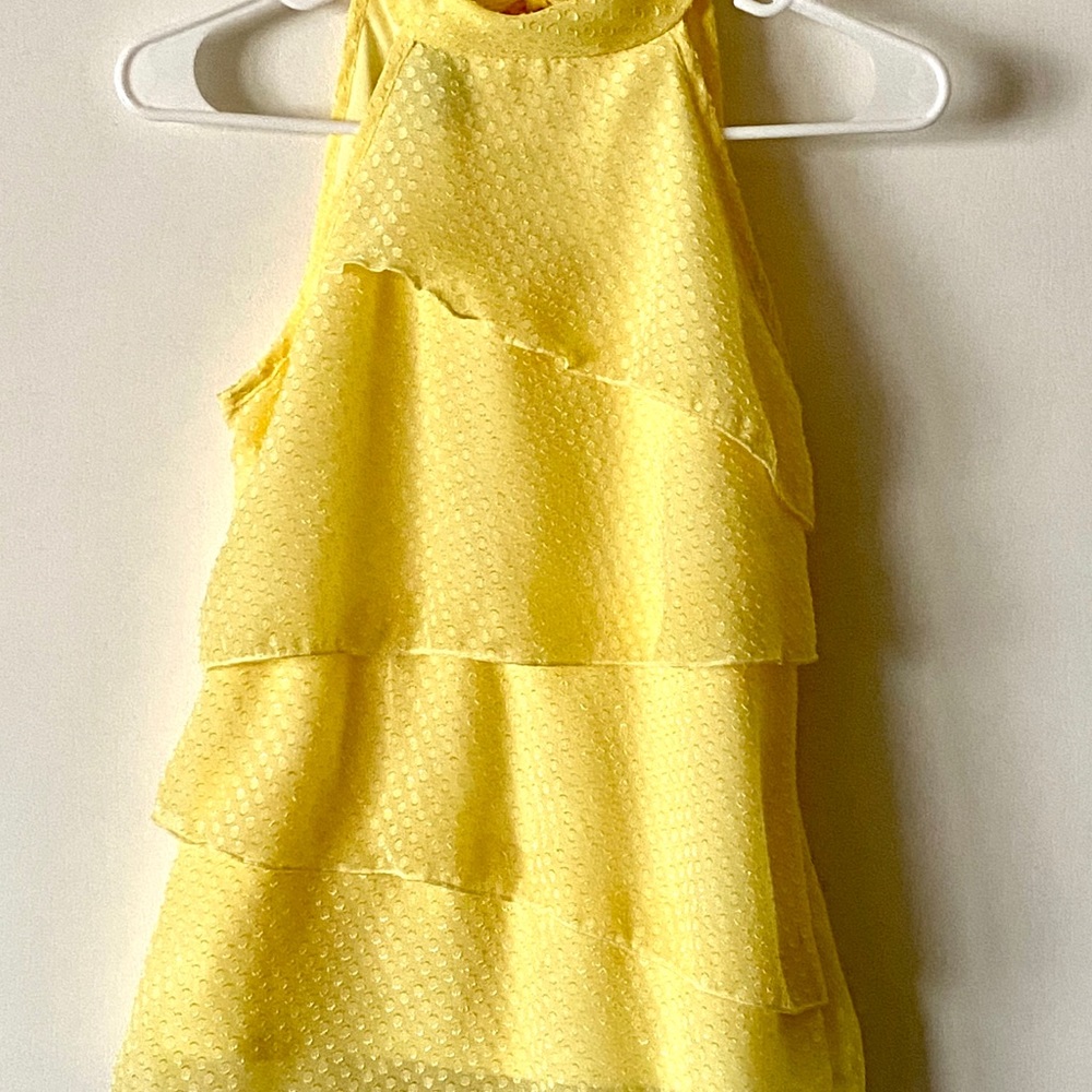 Textured polkadots, ruffled yellow dressy tank top